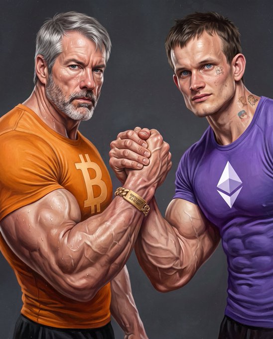 A digital illustration depicting an arm wrestling match between a muscular man in an orange Bitcoin shirt and a younger man in a purple Ethereum shirt, symbolizing the crypto rivalry.