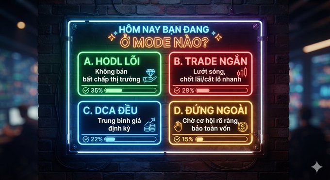 A neon-style quiz graphic in Vietnamese asks 'HÔM NAY BẠN ĐANG Ở MODE NÀO?' (What mode are you in today?) with four trading-style options: 'A. HOLD LỖ' (Hold Loss) 35%, 'B. TRADE NGẮN' (Short Trade) 28%, 'C. DCA ĐỀU' (Regular DCA) 22%, and 'D. ĐỨNG NGOÀI' (Stand Outside) 15%.
