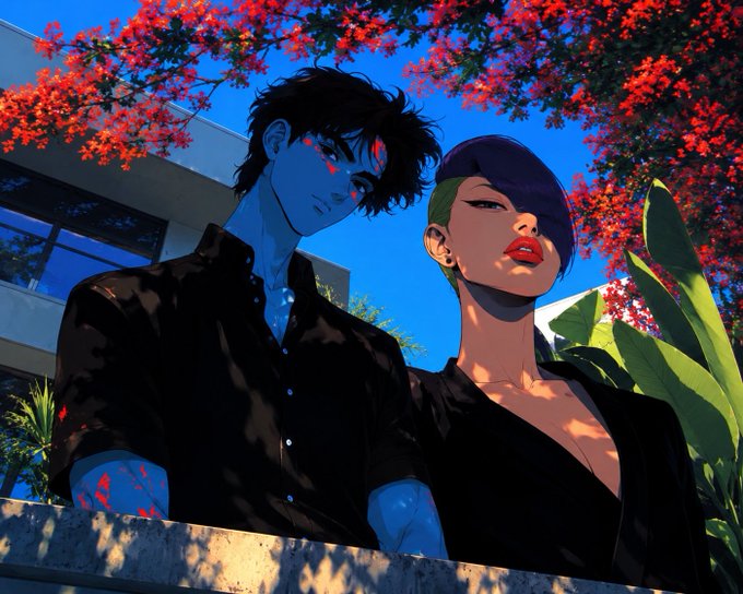 An anime-style illustration shows a blue-skinned young man in a black shirt standing next to a woman with green hair and red lipstick, framed by vibrant red flowering branches against a bright blue sky.
