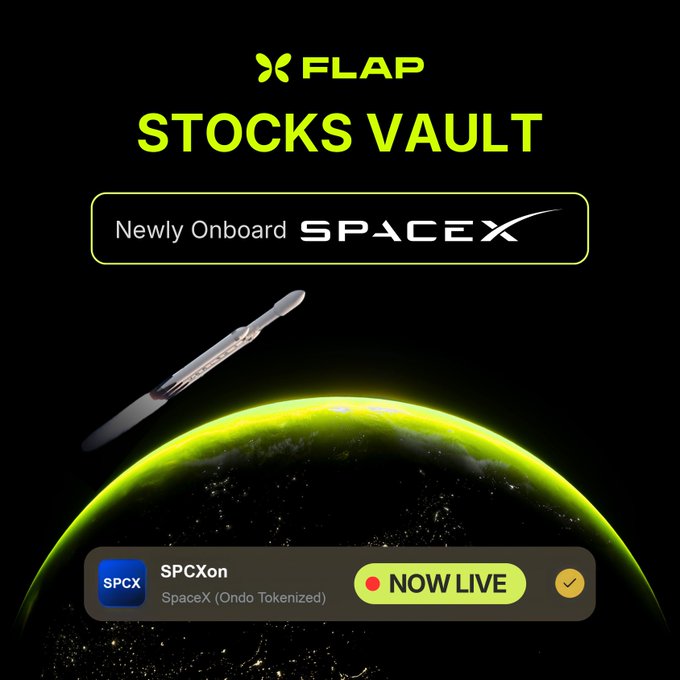 The image features a poster for a company called "Flap" that has recently launched its stocks vault service, which allows users to securely store their investments. A rocket can be seen flying over a planet with the text "Newly onboard SpaceX". The poster also includes information about the stock "SPCX", and there is an image of a rocket on the poster. The caption at the bottom of the poster reads "Flap is now live with SPCX stock $SPCX dividends You can only claim dividends once SPCX officially lists There are currently three CAs $SPCX English frontrunner, same name as the stock 0x780f84b4b359d6a16daf97e8db55ad4dde377777".
