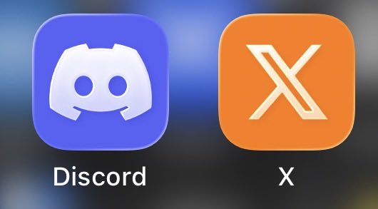 A close-up of two app icons on a phone screen: the purple Discord logo and the orange X (formerly Twitter) logo.