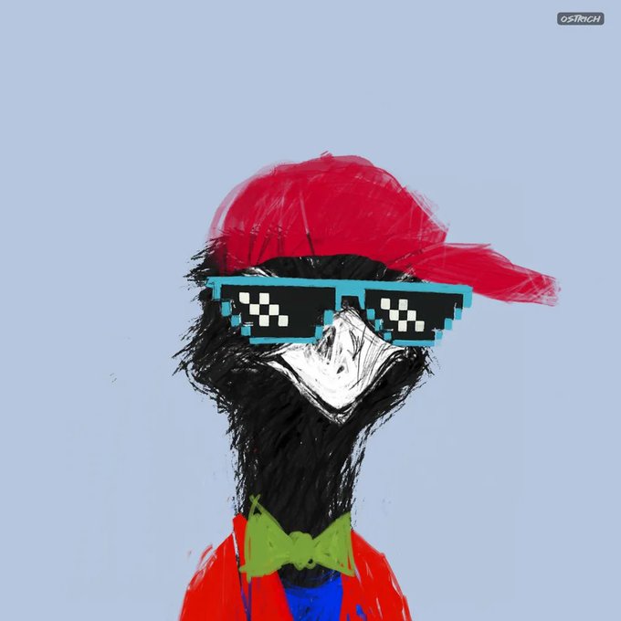 An artistic illustration of an ostrich wearing a red cap, pixelated 'deal with it' style sunglasses, and a red jacket with a green bow tie, with 'OSTRICH' labeled in the corner.
