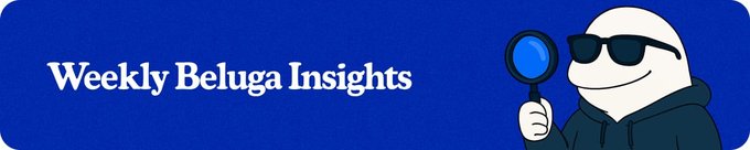 A blue branded graphic titled "Weekly Beluga Insights" features a cartoon beluga whale wearing sunglasses and a hoodie while holding a magnifying glass, reinforcing the post's analytical take on Robinhood Chain's revival and Bitcoin's 10%+ weekly recovery in onchain trading.