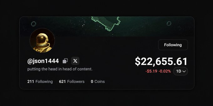 A social media profile card for user @json1444 featuring an astronaut avatar, displaying $22,655.61 with a -0.02% change, 211 Following, 621 Followers, and the bio 'putting the head in head of content.'