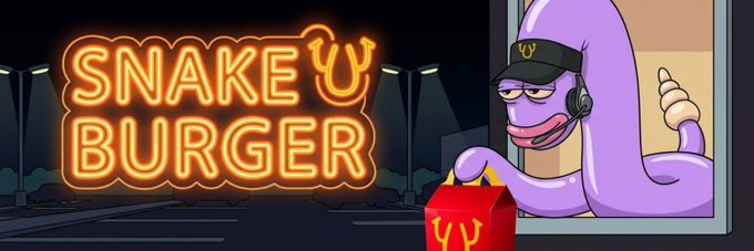 A neon-style banner reading 'SNAKE BURGER' next to a purple snake character wearing a cap and headphones, holding a red box.