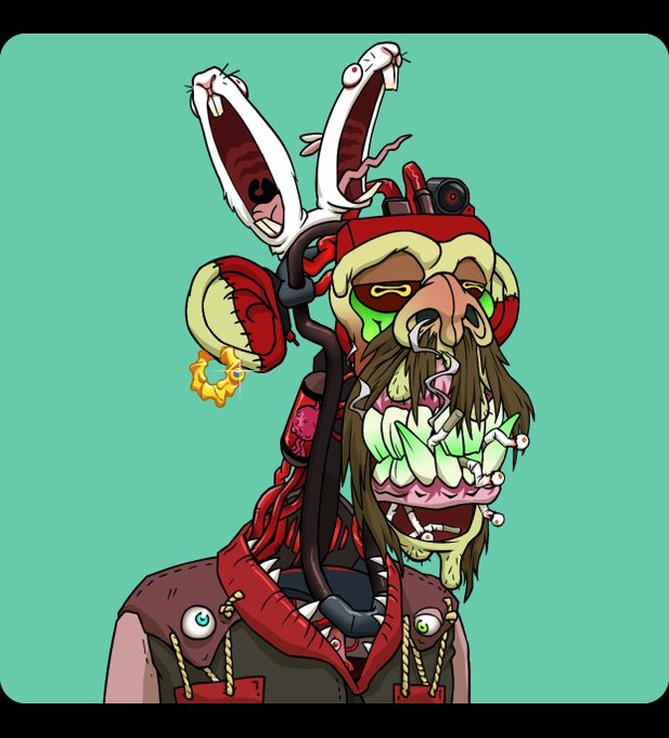 A grotesque cartoon illustration of a monstrous character with wild teeth, a mustache, mechanical/steampunk elements, and a windscreen wiper for a nose, set against a teal background.