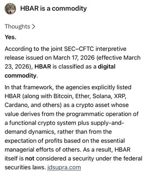 A text post titled 'HBAR is a commodity' explaining that HBAR is classified as a digital commodity according to a joint SEC-CFTC interpretive release from March 2026.