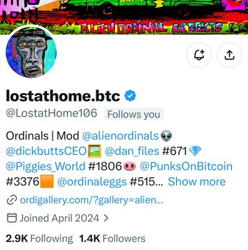 A Twitter profile for 'lostathome.btc' (@LostatHome106) lists Ordinals and Mod tags including @alienordinals, @dickbuttsCEO, @PiggiesWorld, and @PunksOnBitcoin.