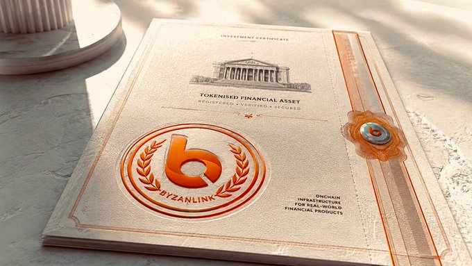 A document titled 'INVESTMENT CERTIFICATE' with 'TOKENISED FINANCIAL ASSET' and 'BYZANLINK' branding, featuring a wax seal and orange accents.