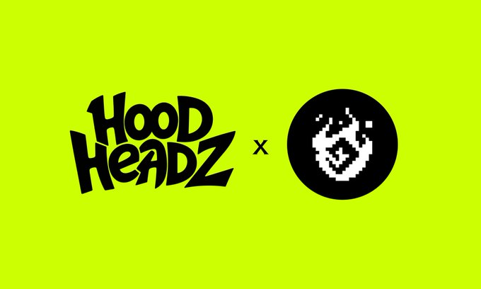 A collaboration graphic featuring the "Hood Headz" stylized graffiti logo next to a "×" symbol and a black circular emblem with a pixelated white flame-like design, set against a bright neon yellow-green background. The image visually represents the partnership between the Hood Headz and Mythic Birbs NFT communities, as highlighted in the post about creating honorary fan art for Moonbirds holders.
