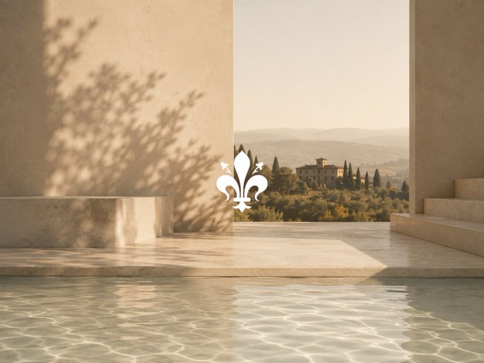 A minimalist, warm-toned architectural scene showing a poolside view of a Tuscan-style villa and cypress trees in the distance, with a white fleur-de-lis emblem centered in the frame.