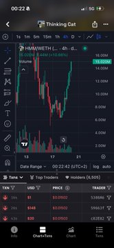 The image shows a TradingView chart of $HMM/WETH on Uniswap V3, displaying the token's price at $15.00M with a current value of $6.32, alongside various transaction details and holding metrics. This chart relates to the post's mention of the bullish cat token $HMM, as it visually supports the claim of accumulating the token by showcasing its price action and trading volume on a decentralized exchange.