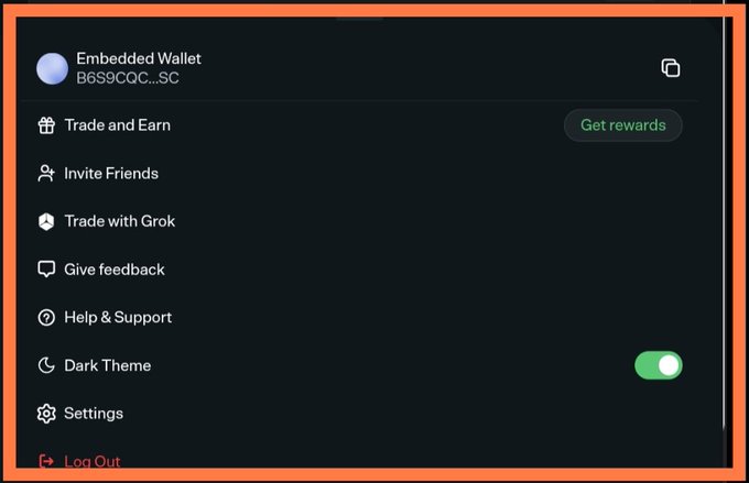 The image shows a dropdown menu from a crypto wallet interface, with options including "Trade and Earn," "Invite Friends," "Trade with Grok," and other settings. It highlights the "Trade" section as referenced in the instructions for connecting X to @world_xyz on Solana, serving as a visual guide for users navigating to the trading feature.