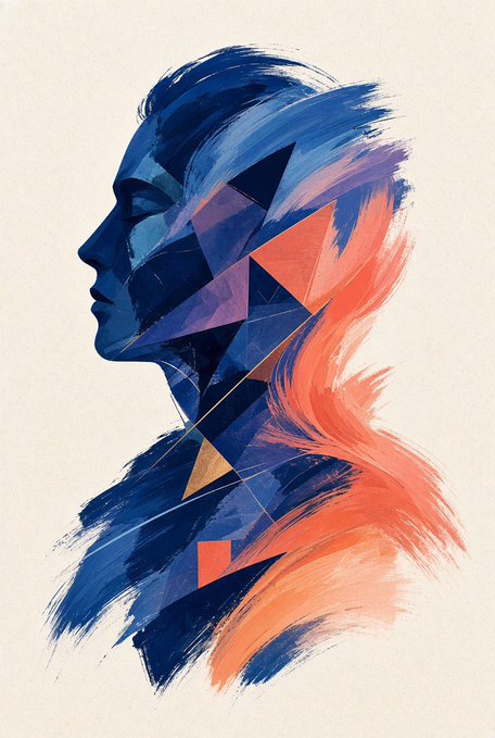 An artistic illustration of a woman's profile in blue tones, accented with geometric triangular shapes and flowing orange and red brushstrokes representing hair.