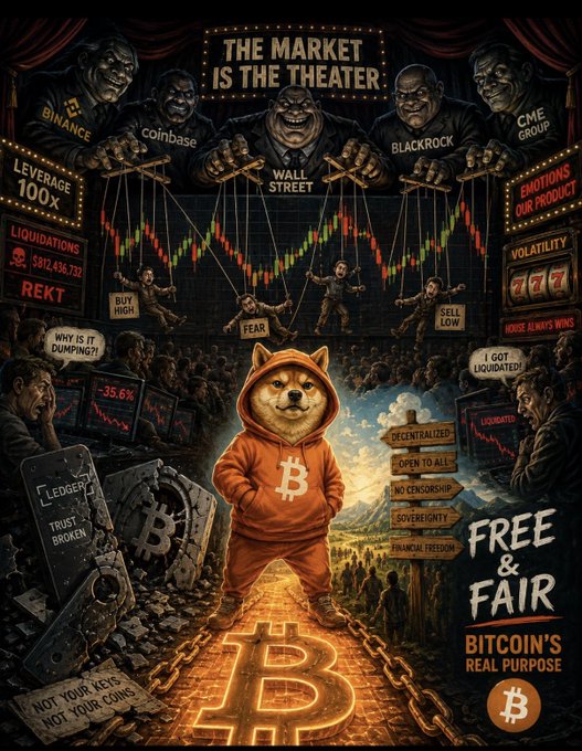 The image depicts a satirical illustration titled "THE MARKET IS THE THEATER," showing shadowy figures labeled Binance, Coinbase, Wall Street, BlackRock, and CME Group as puppeteers controlling traders with strings, while a Shiba Inu dog wearing a Bitcoin hoodie walks a broken chain path toward signs reading "DECENTRALIZED," "OPEN TO ALL," and "BITCOIN'S REAL PURPOSE." The artwork contrasts traditional financial manipulation with cryptocurrency's ideals of freedom, aligning with the post's message that $DOG represents a different, authentic approach to markets.