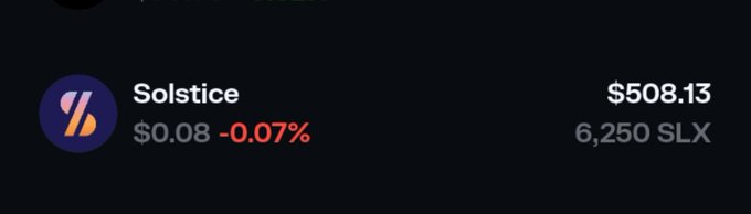 The image displays a market tracker for the cryptocurrency "Solstice" (SLX) with a current price of $508.13, showing a slight decline of 0.07% (to $0.08, likely the price per token), and a holding amount of 6,250 SLX. This aligns with the post celebrating the user's receipt of their 6,250 $SLX giveaway rewards from Season 1 and 2 combined, highlighting the token's current valuation.