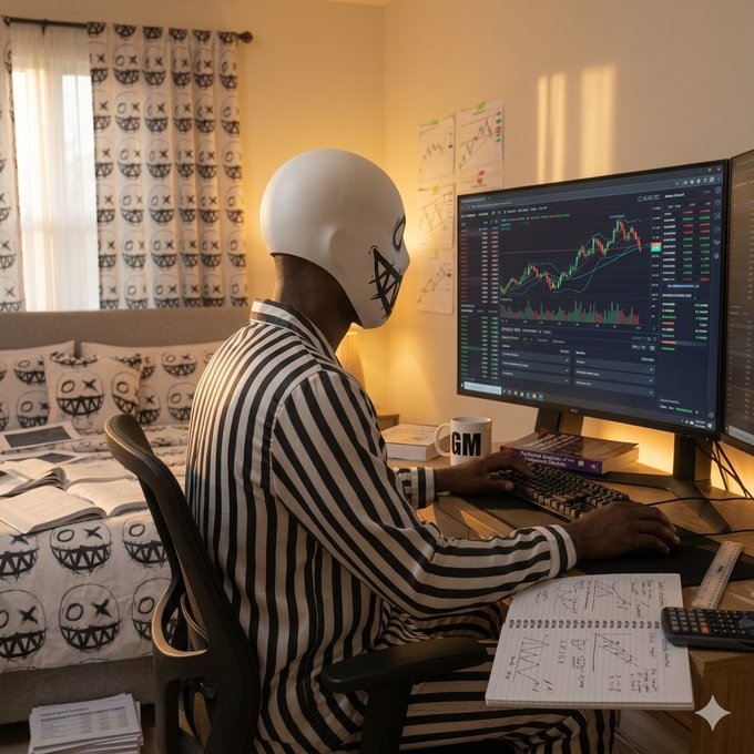 A person wearing a striped shirt and a white wrestling mask sits at a desk in a bedroom, looking at computer monitors displaying financial trading charts, with a notebook and a mug labeled "GM" nearby.