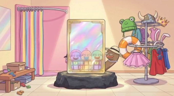 An animated cartoon scene shows a costume shop featuring a magic mirror displaying three baby figures, with a rack of costumes including a frog hat, viking helmet, crown, and life preserver.
