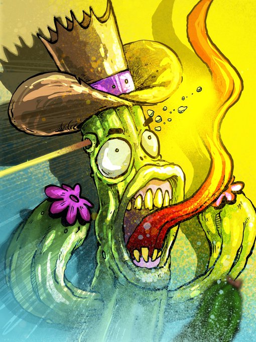 A stylized cartoon illustration of a zombie-like creature with a wide-open mouth and extended tongue, wearing a cowboy hat adorned with a purple flower, against a bright yellow background.
