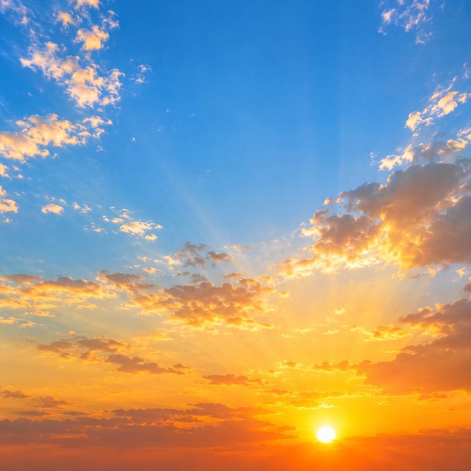 A vibrant sunset sky with dramatic rays of sunlight radiating outward through scattered clouds, painted in hues of orange, gold, and blue.