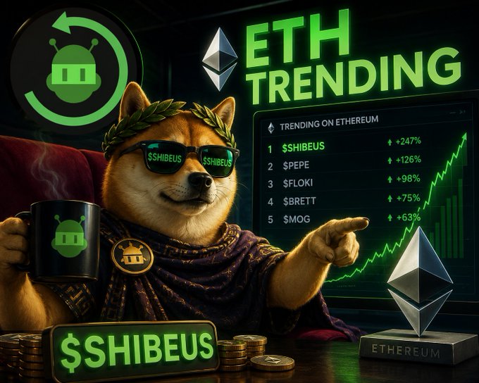 A promotional crypto image featuring a Shiba Inu dog wearing sunglasses and a laurel wreath, holding a mug, with 'ETH TRENDING' text, a trending list showing '$SHIBEUS +247%' at the top, and Ethereum logos.