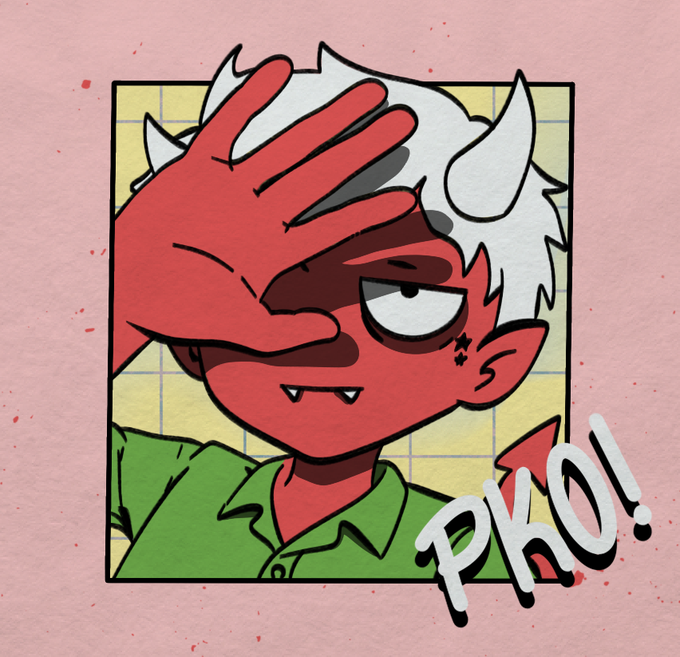 A cartoon drawing of a red-skinned, white-haired demon-like character in a green shirt giving a sideways glare, with the word 'PHO!' written in stylized graffiti-style letters.