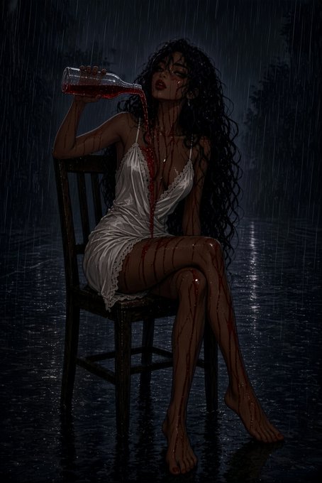 A dark, moody digital illustration shows a woman in a white slip sitting on a chair in the rain, drinking red liquid from a bottle that spills down her body.