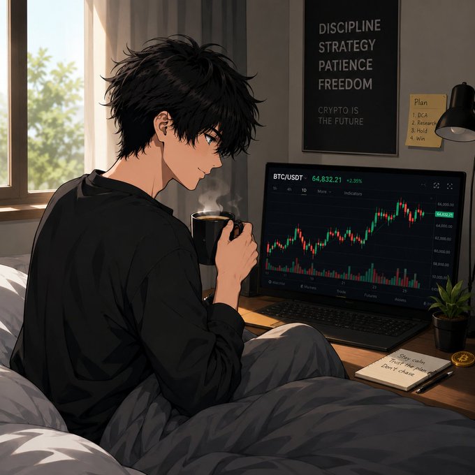 An anime-style illustration of a person drinking coffee while looking at a laptop displaying a BTC/USDT trading chart showing 64,832.21 (+3.25%), with a poster reading 'DISCIPLINE STRATEGY PATIENCE FREEDOM' and 'CRYPTO IS THE FUTURE' on the wall.