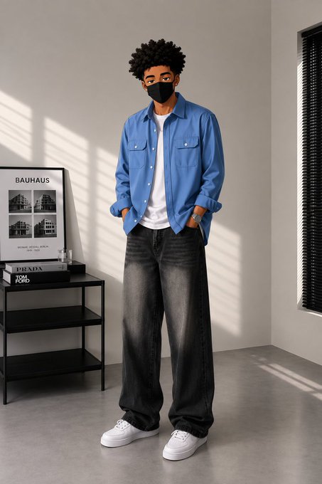 A young man with curly hair wearing a black face mask, blue button-up shirt over a white tee, and baggy black jeans, posing in a minimalist room with a Bauhaus poster and Prada book on a shelf.