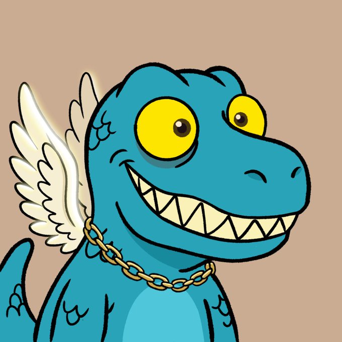 A cartoon illustration of a blue dinosaur-like creature with large yellow eyes, white angel wings, a gold chain necklace, and a wide toothy grin set against a tan background.