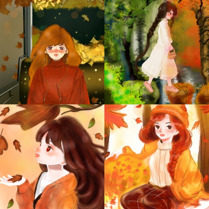 A four-panel illustration showing an anime-style girl with auburn hair wearing cozy autumn sweaters in warm, painterly scenes surrounded by falling orange leaves and soft golden light.