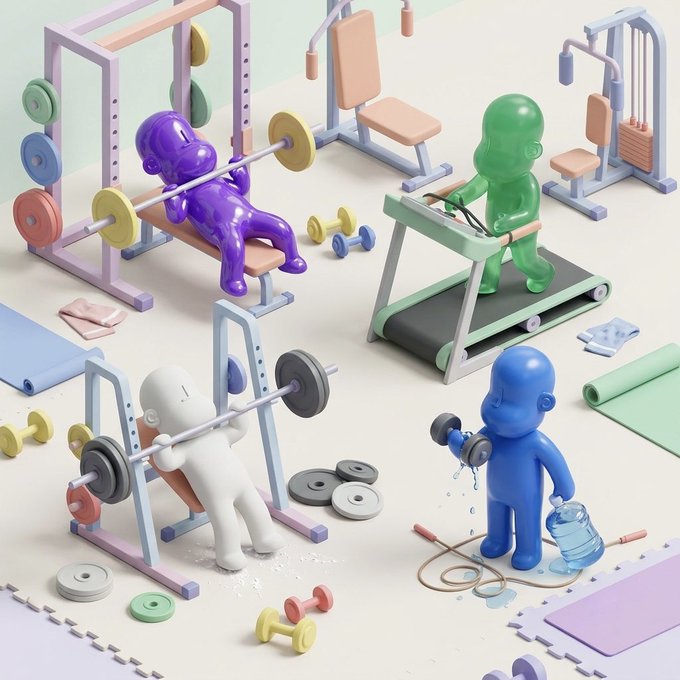 A 3D-rendered scene of colorful plastic toy figures (purple, green, white, and blue) working out in a miniature gym, using a bench press, treadmill, and dumbbells.