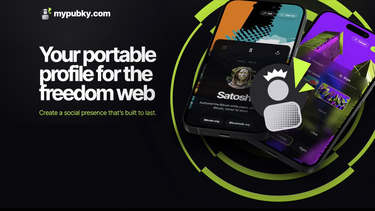 The image features three cell phones placed on top of each other against a black background. The text overlaying the image reads "MyPubky.com Your link-in-bio should belong to you MyPubky.com is a portable personal landing page anchored to your Pubky identity, with links, styling, QR sharing, and Bitcoin payments." This suggests that the phones are part of an advertisement or promotional campaign for MyPubky.com.