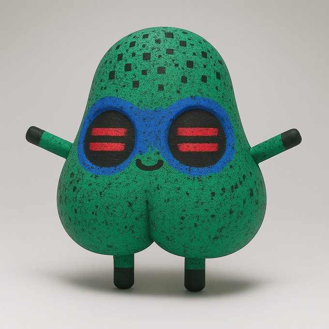 A 3D-rendered, speckled green character with a rounded body wears blue-rimmed sunglasses with red-tinted lenses and black gloves, standing with its arms raised.