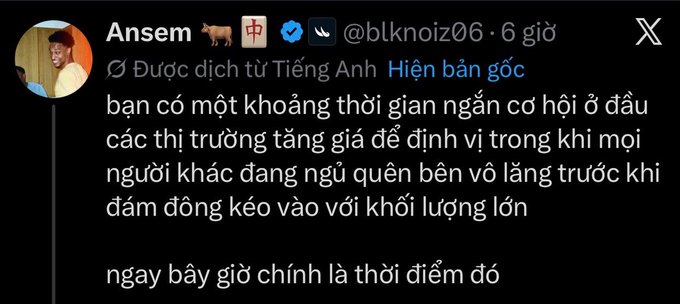 A Vietnamese-translated tweet from 'Ansem' (@blcknoiz06) posted 6 hours ago, discussing market timing and accumulation opportunities.