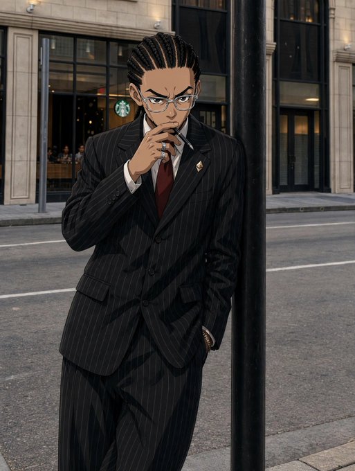 An anime-style character in a black pinstripe suit and glasses leaning against a lamp post on a city street, with a Starbucks visible in the background.