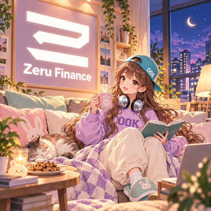 An anime-style illustration shows a girl relaxing on a couch with a cat, mug, book, and headphones beside a glowing sign reading "Zeru Finance."
