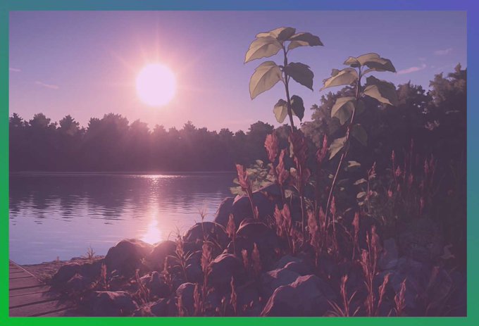 A serene lakeside sunset scene with silhouetted trees, a glowing sun reflecting on the water, and pink-tinged foliage in the foreground.