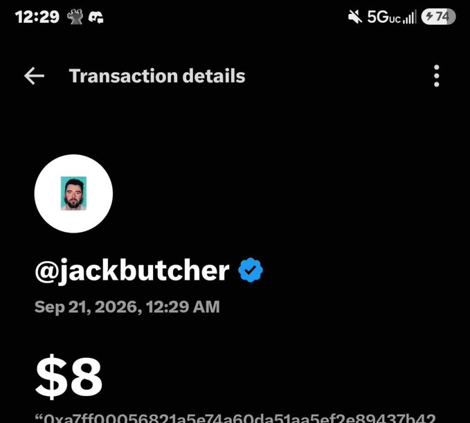 A mobile transaction details screen showing a $8 payment to @jackbutcher (verified) dated Sep 21, 2026.