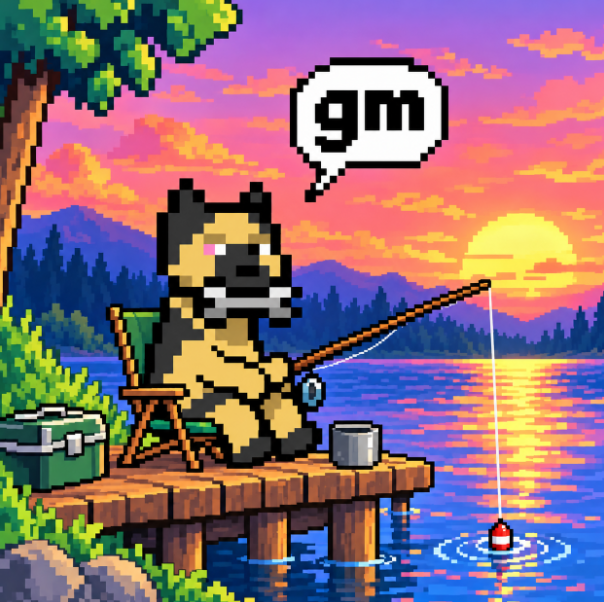 Pixel art of a German Shepherd dog sitting on a wooden dock fishing at sunset, with a speech bubble saying 'gm' (good morning).