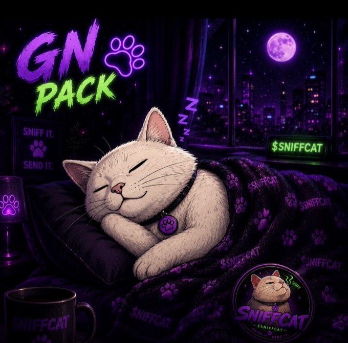 The image features a cartoon cat sleeping peacefully on a bed, with its head resting on a pillow. The background of the image is dark purple, which contrasts with the white color of the cat's fur. There are also some neon lights visible in the scene, adding an extra touch of whimsy to the overall composition. The caption at the bottom of the image reads "Another day stronger. Another step closer. Rest up tomorrow we go again. Sniff it. Send it." This message seems to be related to a social media post or a digital art piece that incorporates elements from the cat's peaceful slumber and the accompanying neon lights, creating an interesting visual experience for viewers.