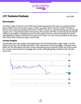 The image is an infomercial showing a daily technical outlook of cryptocurrency trading. The content displays charts, data tables, and quotes that analyze market trends and suggest potential strategies. The focus is on Bitcoin, and the analysis looks at LTC, but no specific details are provided about other cryptocurrencies or time frames. The overall impression is one of uncertainty as to whether to buy or sell in a volatile market.