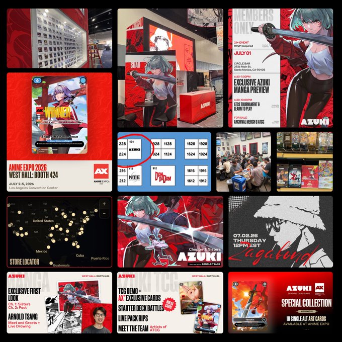A red-themed promotional collage for Azuki's Anime Expo 2026 appearance at West Hall Booth 424 (July 2-5, 2026) at the Los Angeles Convention Center, featuring manga previews, meet & greets with Arnold Tsang, TCG demos, a store locator map, and an exclusive single alt art card collection.