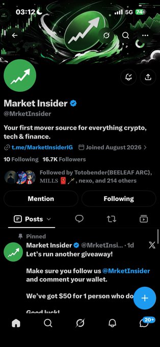 X/Twitter profile for "Market Insider" (@MrketInsider) with green crypto-themed graphics and a pinned post about a giveaway.