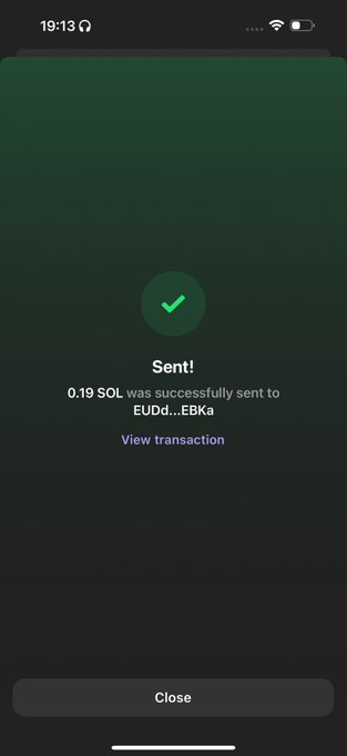 A screenshot of a successful cryptocurrency transaction confirmation showing "Sent! 0.19 SOL was successfully sent to EUDd...EBKa" with a green checkmark, illustrating the post's claim of sending 0.19 SOL (~$19) to a follower.