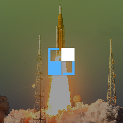 A rocket launch with a green sky background, featuring a blue and white geometric logo overlay in the center of the image.