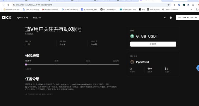 A screenshot of the OKX task page '蓝V用户关注并互动X账号' (Blue V user follow and interact with X account), offering a reward of 0.88 USDT.
