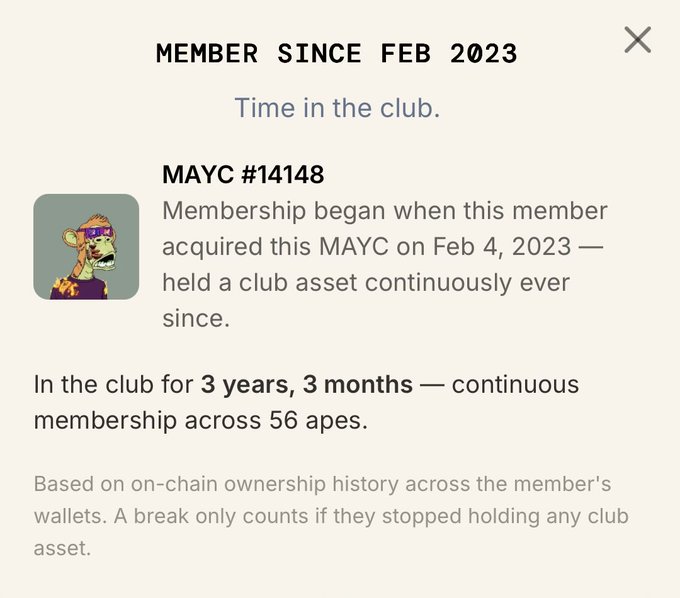 An image depicting an alert screen showing the time at which the membership of a user started. The alert indicates that the member's account was created during the club's founding year, February 4th, 2013. It also mentions that the account has been active since then and continues in the club for three months or three years. Additionally, it suggests that there is an asset being held by the club, as indicated by the text at the bottom of the alert screen.