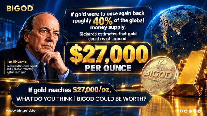 A promotional advertisement for 'BIGOD' cryptocurrency features Jim Rickards alongside claims that if gold returns to 40% of the global money supply, it could reach $27,000 per ounce, asking what 1 BIGOD would be worth.