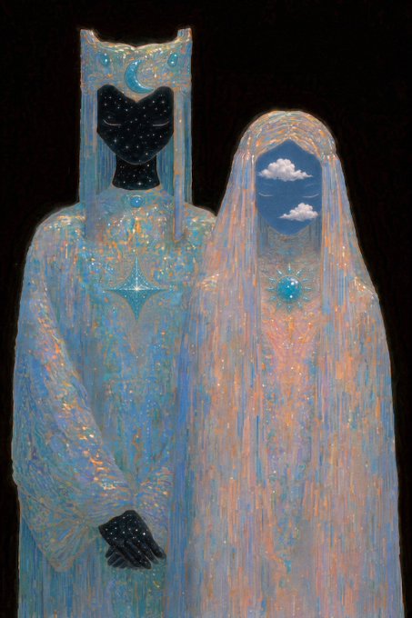 A surreal painting of two cloaked figures with celestial voids for faces—one filled with a starry night and crescent moon, the other with clouds and sky—set against a dark background.
